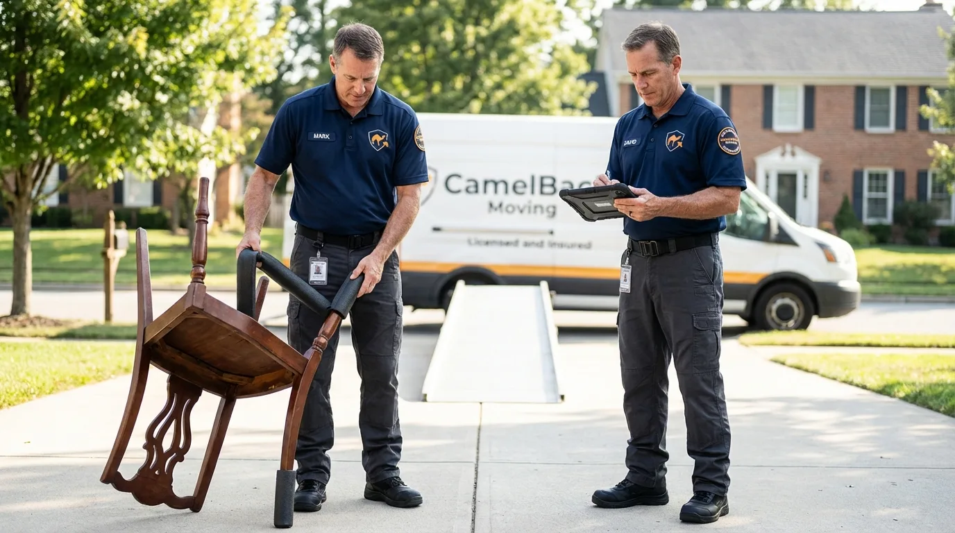 Movers inspecting furniture for damage prevention before loading in Odenville, AL