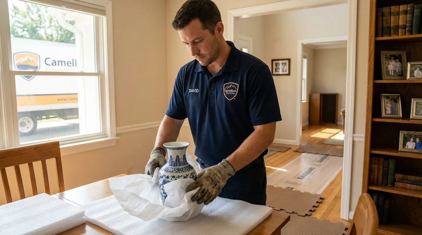 Professional crew carefully wrapping antique vase for senior downsizing move in Odenville, AL